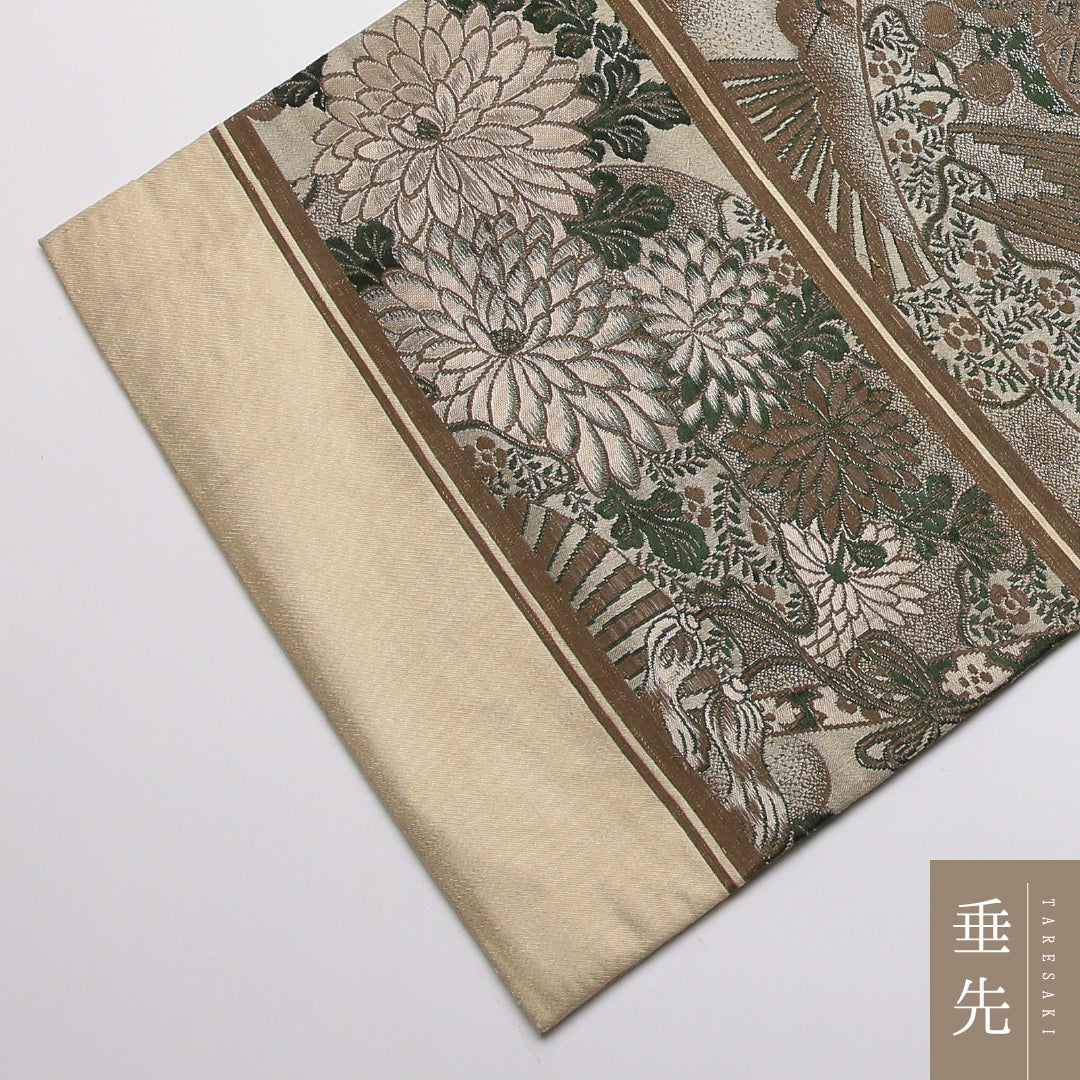 アンティーク 丸帯 帯丈394cm 正絹 全通 扇面文 鼓 雲取り 菊 グレー系 クリーム系 1242-01366