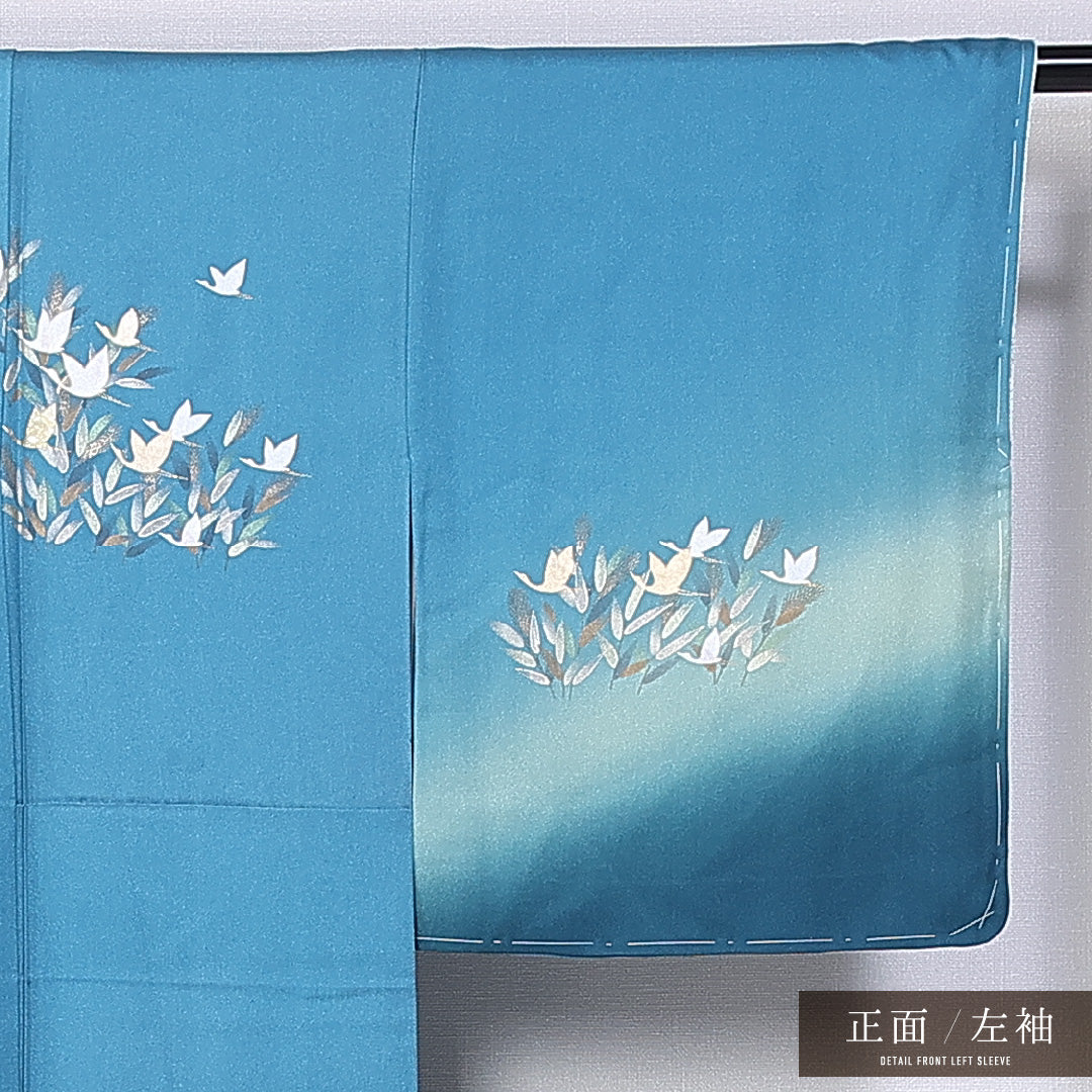訪問着 袷 身丈153cm 裄丈62cm 正絹 Sランク セミフォーマル 広衿 Sサイズ ぼかし 金箔 刺繍 鶴 華やか 存在感 水色系 RP 1217-11200