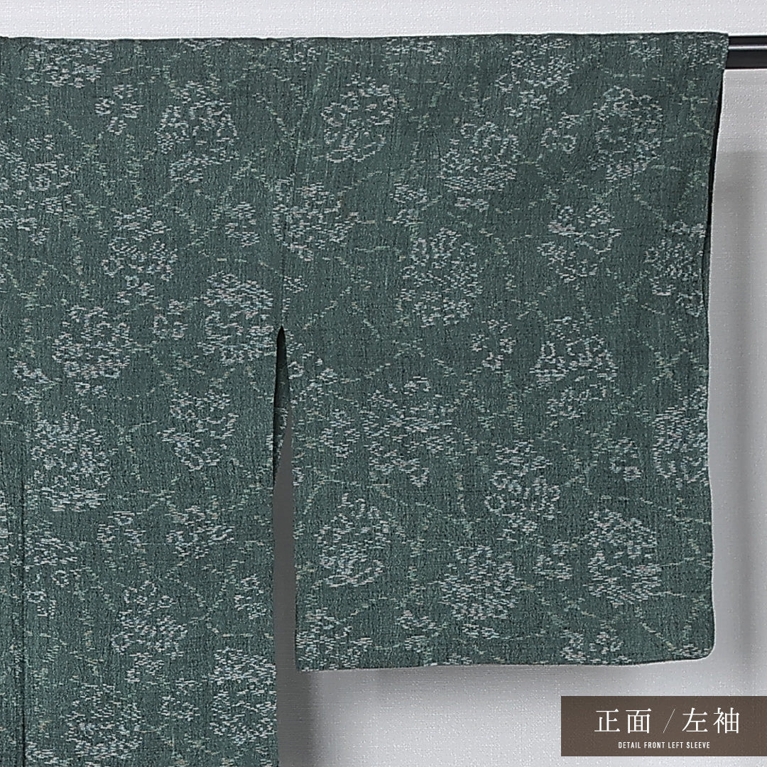 紬 単衣 身丈158cm 裄丈63cm 正絹 Aランク カジュアル 広衿 Mサイズ 創作柄 緑系 RP 1223-12204