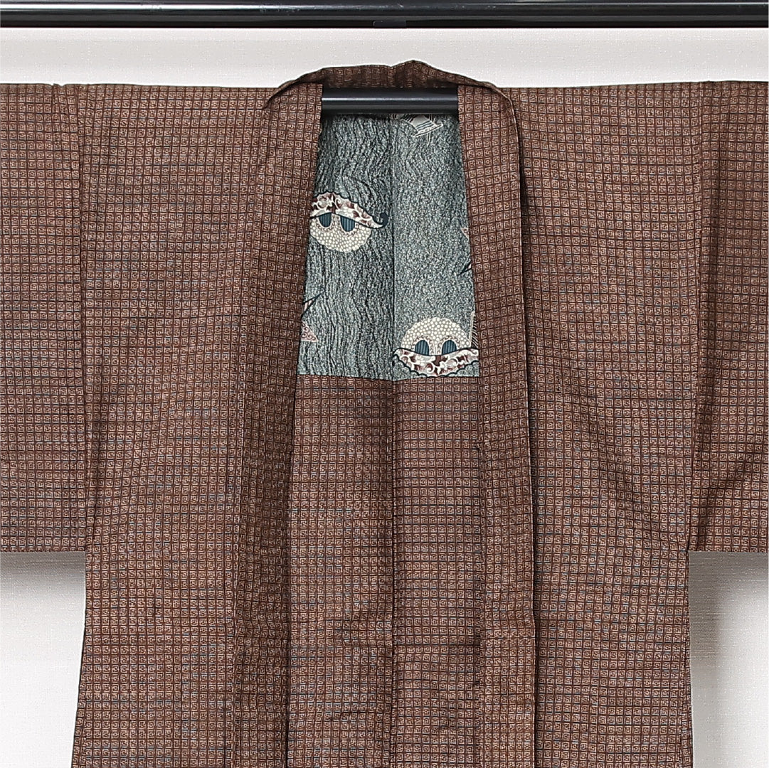 羽織 男性用 袷 身丈88cm 裄丈67cm 正絹 Aランク カジュアル Sサイズ 幾何学柄 茶系 RP 1235-12987