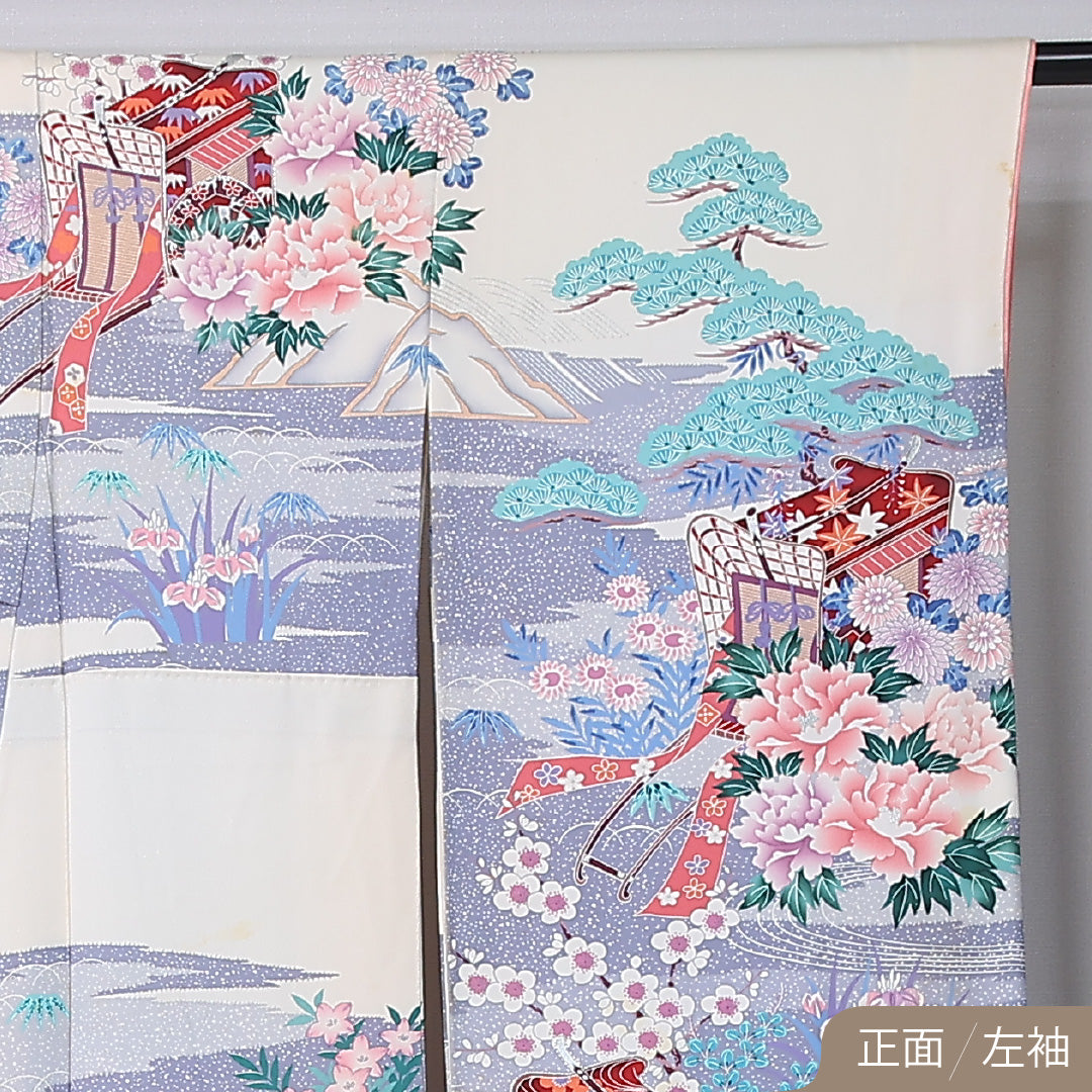 振袖 身丈160cm 裄丈67.5cm Cランク 袷 正絹 S 広衿 御所車 古典柄 菊 牡丹 友禅 菖蒲 白系 1213-F0446