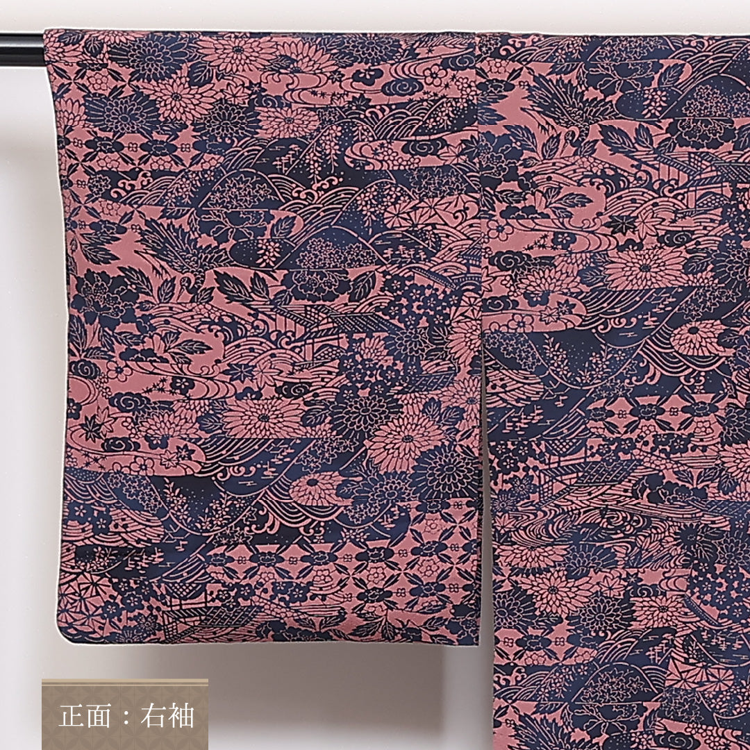 小紋 単衣 身丈160cm 裄65cm 正絹 阿波愛 藍染 作家物 紺系 ピンク系 落款 Aランク 1215-02429