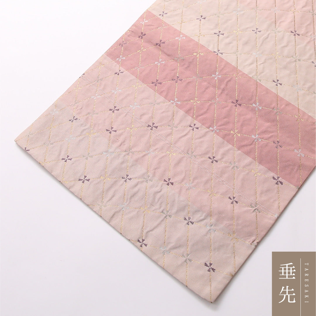九寸名古屋帯 Sランク 帯丈358cm 正絹 六通 開き仕立て 織り インフォーマル 花菱 ピンク系 RP 1245-02836