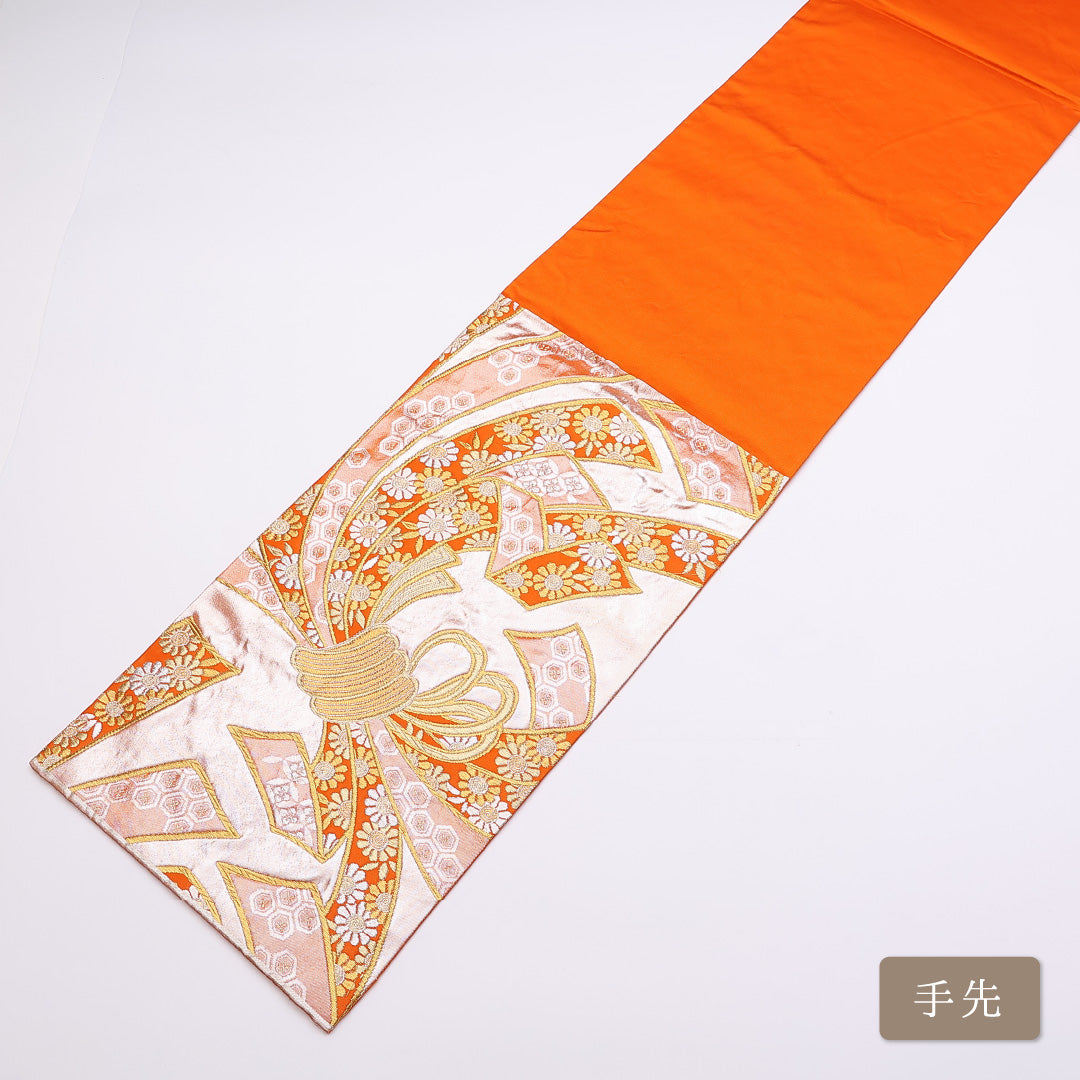 袋帯 帯丈440cm 六通 熨斗 組紐 吉祥文様 フォーマル 朱系 正絹 Aランク 1223-00854