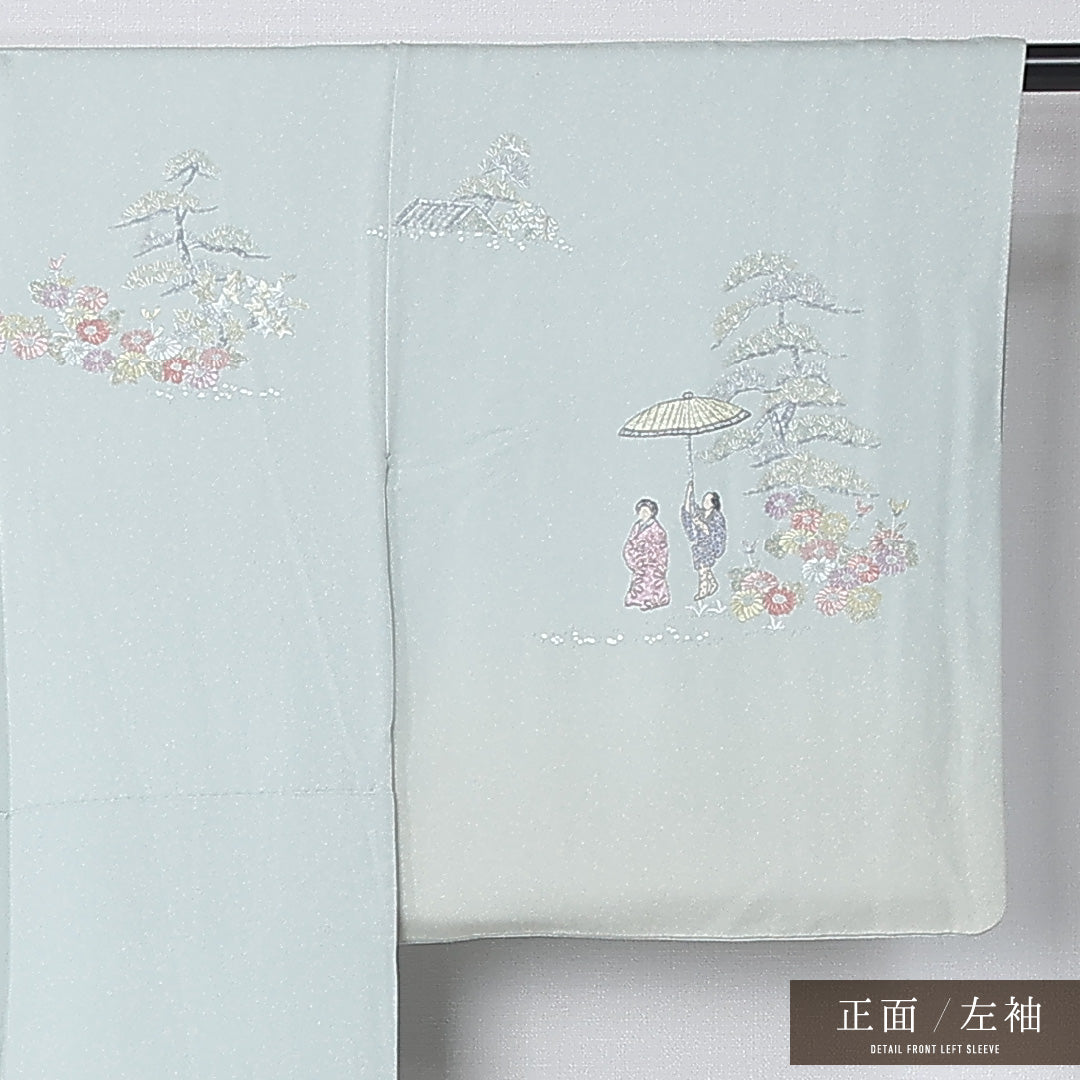 訪問着 身丈154cm 裄丈63.5cm Aランク S 正絹 袷 広衿 一つ紋 五三桐 落款 翠山刺繍 刺繍 ぼかし染 フォーマル 緑系 1212-12198