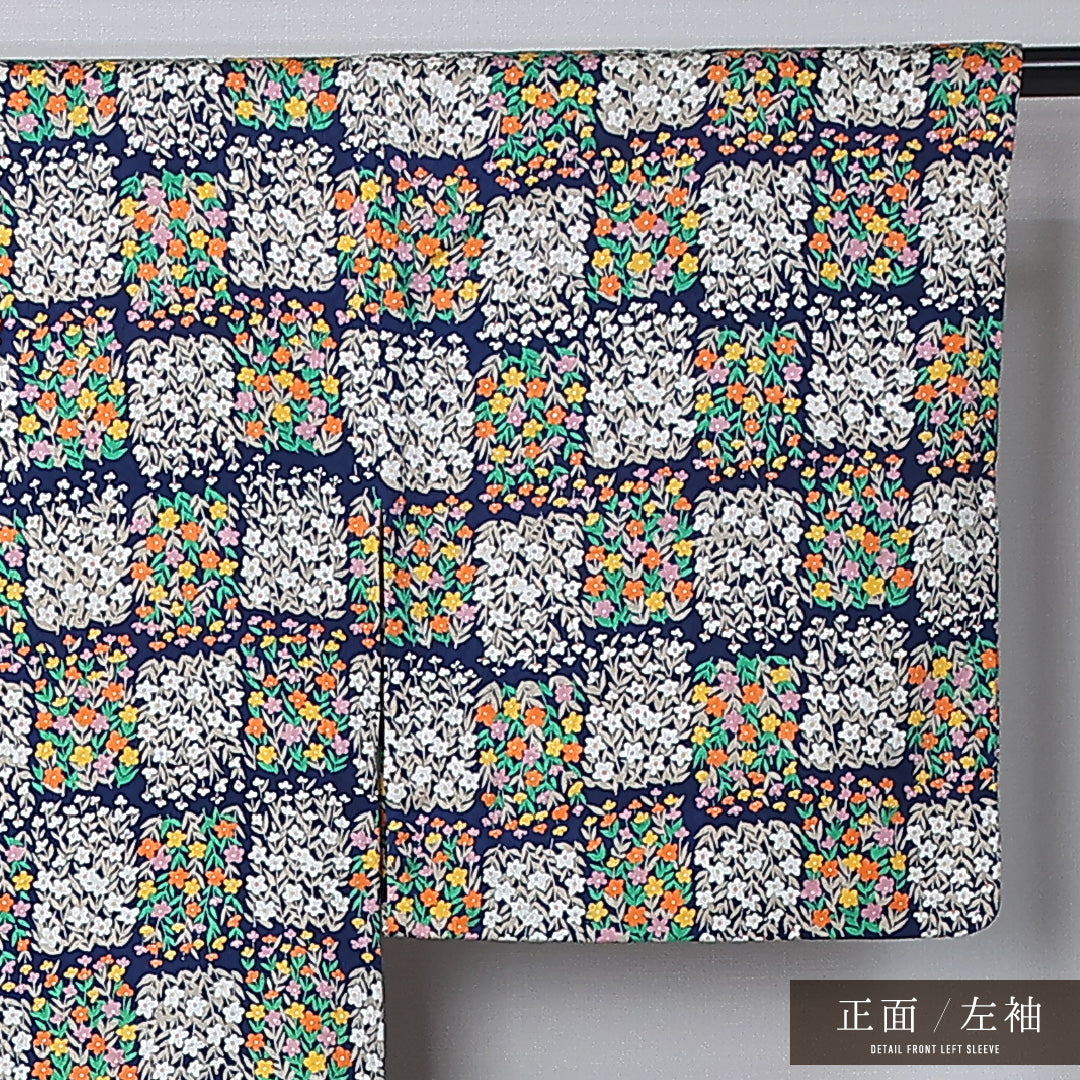 小紋 単衣 身丈154cm 裄丈63cm 正絹 Sランク インフォーマル 広衿 Sサイズ 居敷当て 市松 花柄 紺系 RP 1221-12261