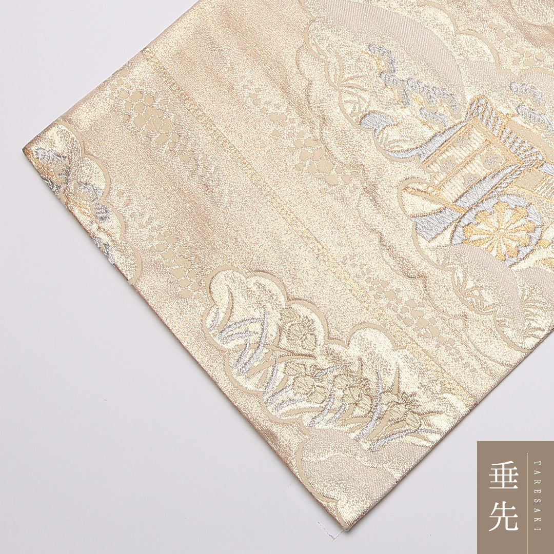 袋帯 帯丈412cm 六通 御所解 フォーマル クリーム系 正絹 Aランク 1223-01065