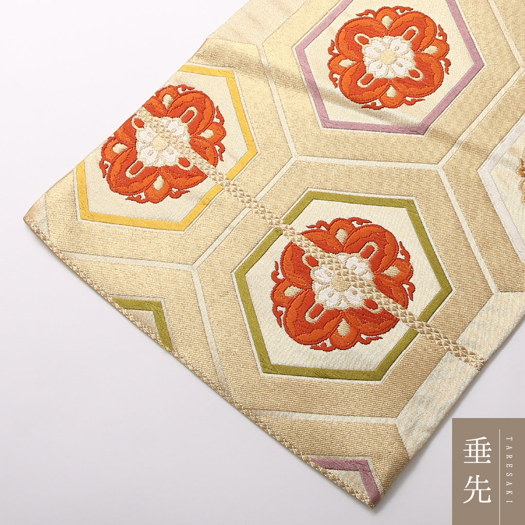 袋帯 帯丈428cm 正絹 六通 フォーマル 唐織 花菱亀甲 金系 1243-01713