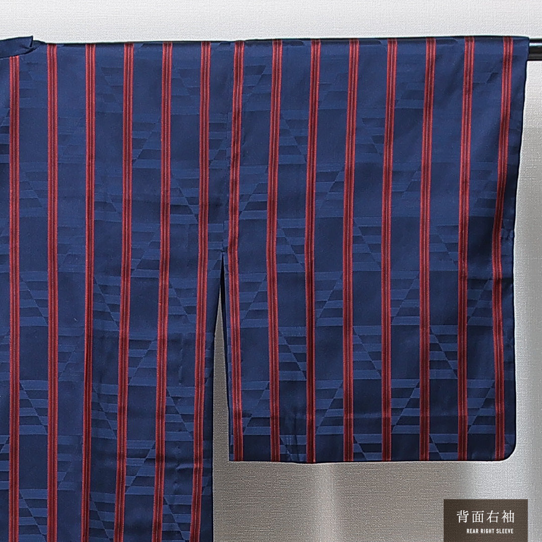 道行コート 袷 身丈128cm 裄丈63cm 正絹 Sランク セミフォーマル Sサイズ ポケットあり 縞 紺系 RP 1237-14841