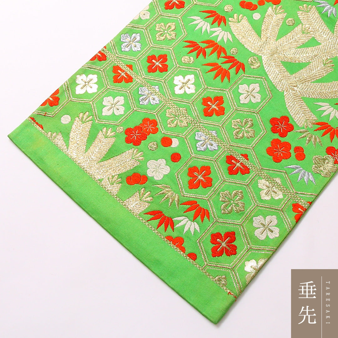 袋帯 帯丈422cm 六通 フォーマル Cランク 正絹 花菱亀甲 古典的 可愛らしい 緑系 1223-01728