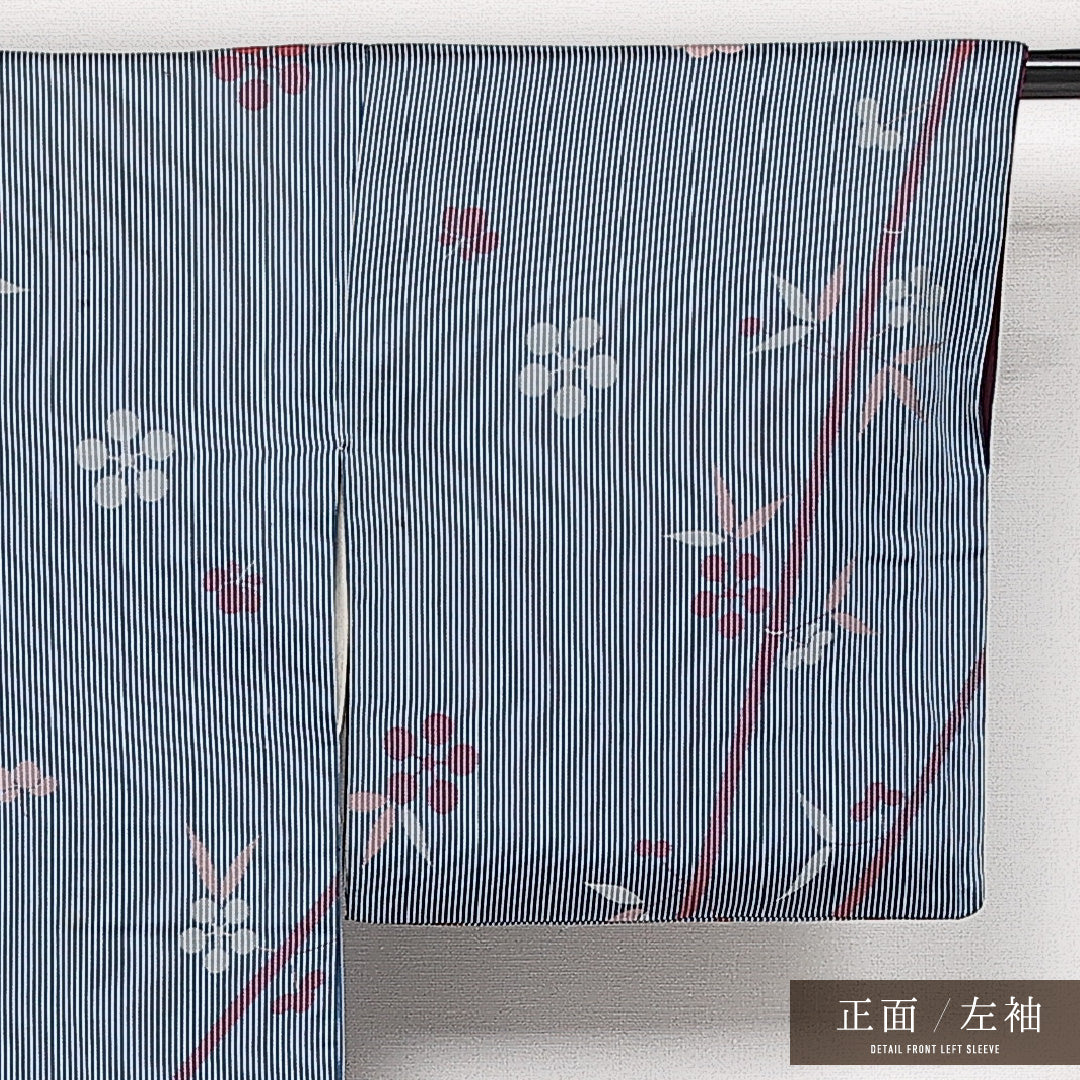 小紋 袷 身丈141cm 裄丈63cm 正絹 Cランク インフォーマル 広衿 XSサイズ 梅 笹 青系 HP 1221-13651