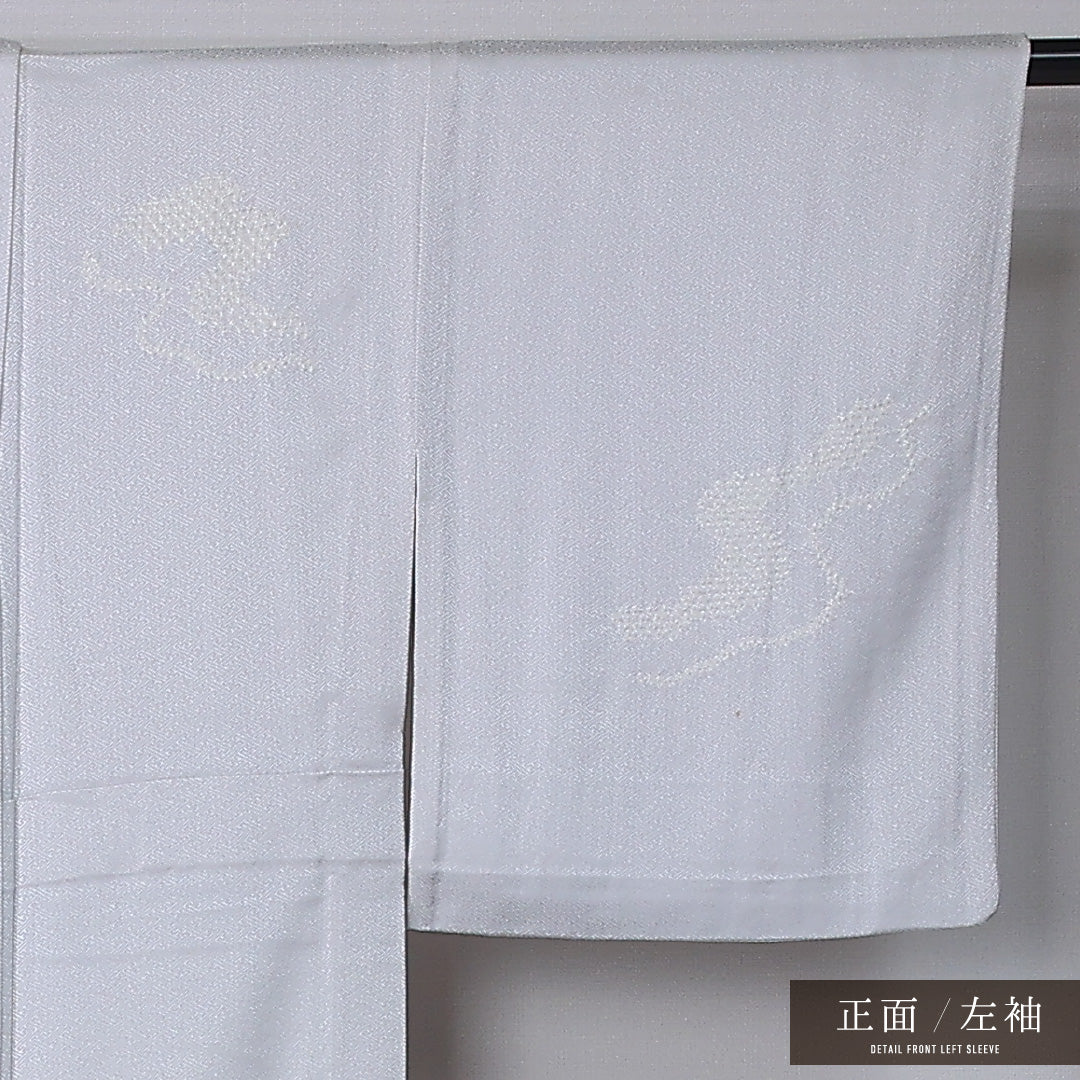 訪問着 身丈159cm 裄丈63cm Bランク M 正絹 単衣 広衿 一つ紋 梅鉢 蘇州刺繍 扇 菊 牡丹 部分絞り フォーマル グレー系 1212-12236