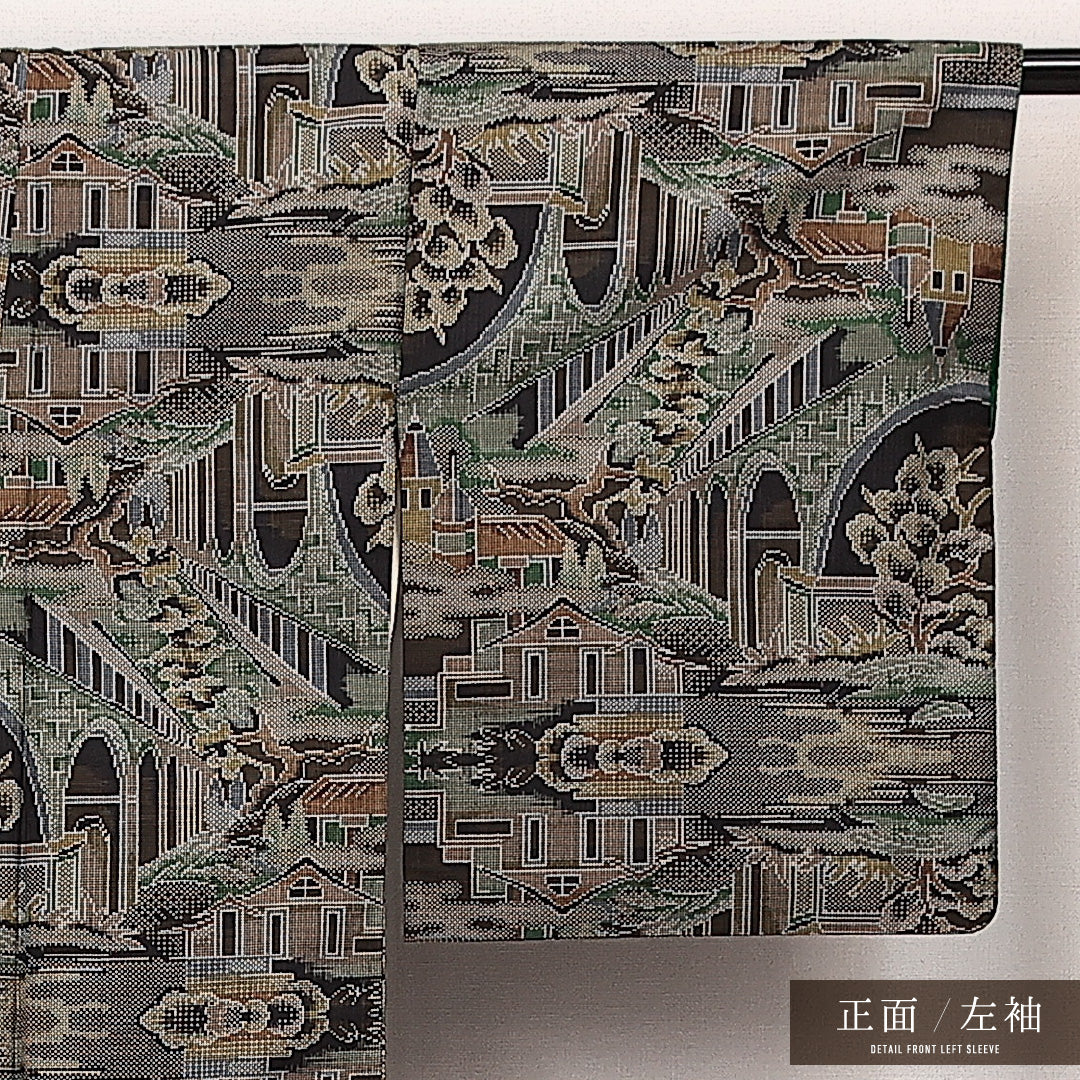 大島紬 袷 身丈154cm 裄丈62cm 正絹 Sランク インフォーマル 広衿 Sサイズ 経緯絣 風景柄 城 緑系 RP 1223-14081
