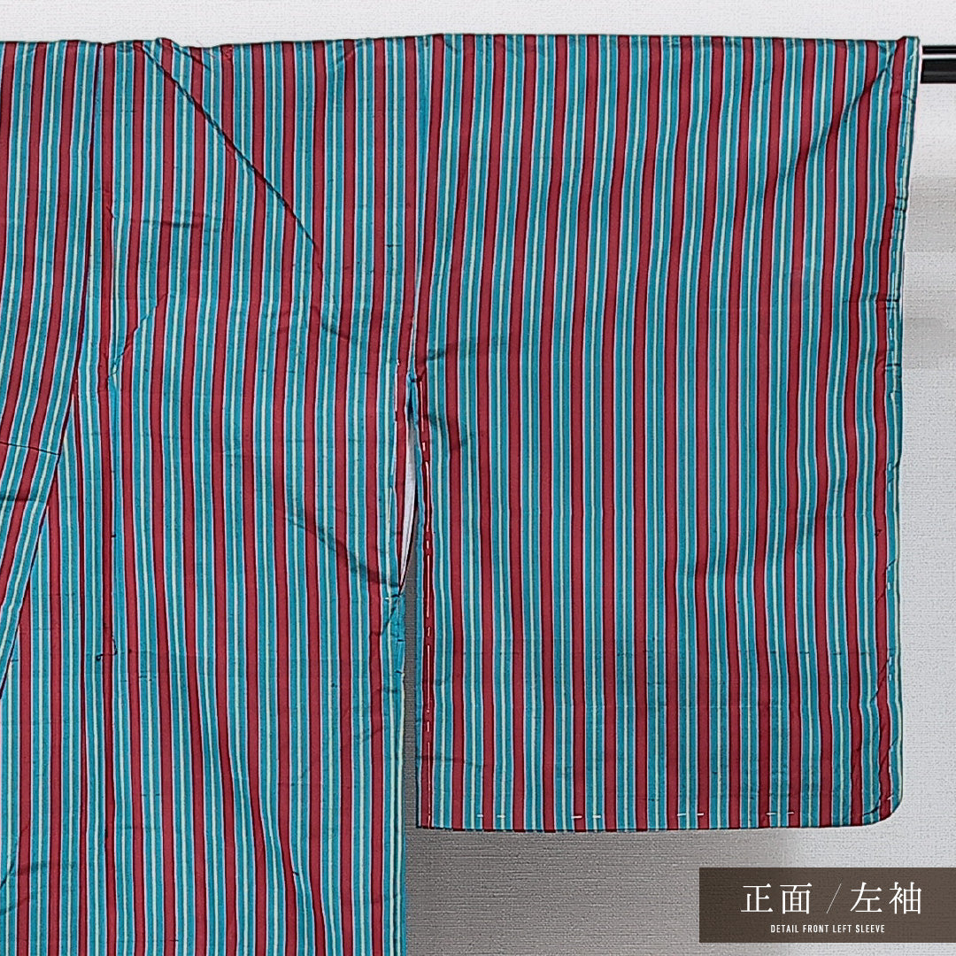 アンティーク 紬 袷 身丈149cm 裄丈60cm 正絹 Aランク バチ衿 XSサイズ 縞 青系 HP 1223-14549