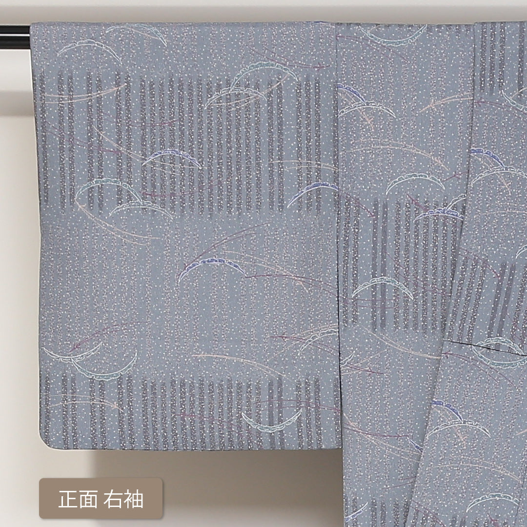 洗える着物 小紋 袷 身丈148cm 裄丈62cm ポリエステル Sランク インフォーマル 広衿 XSサイズ 芝草 松葉 グレー系 RP 1221-01719