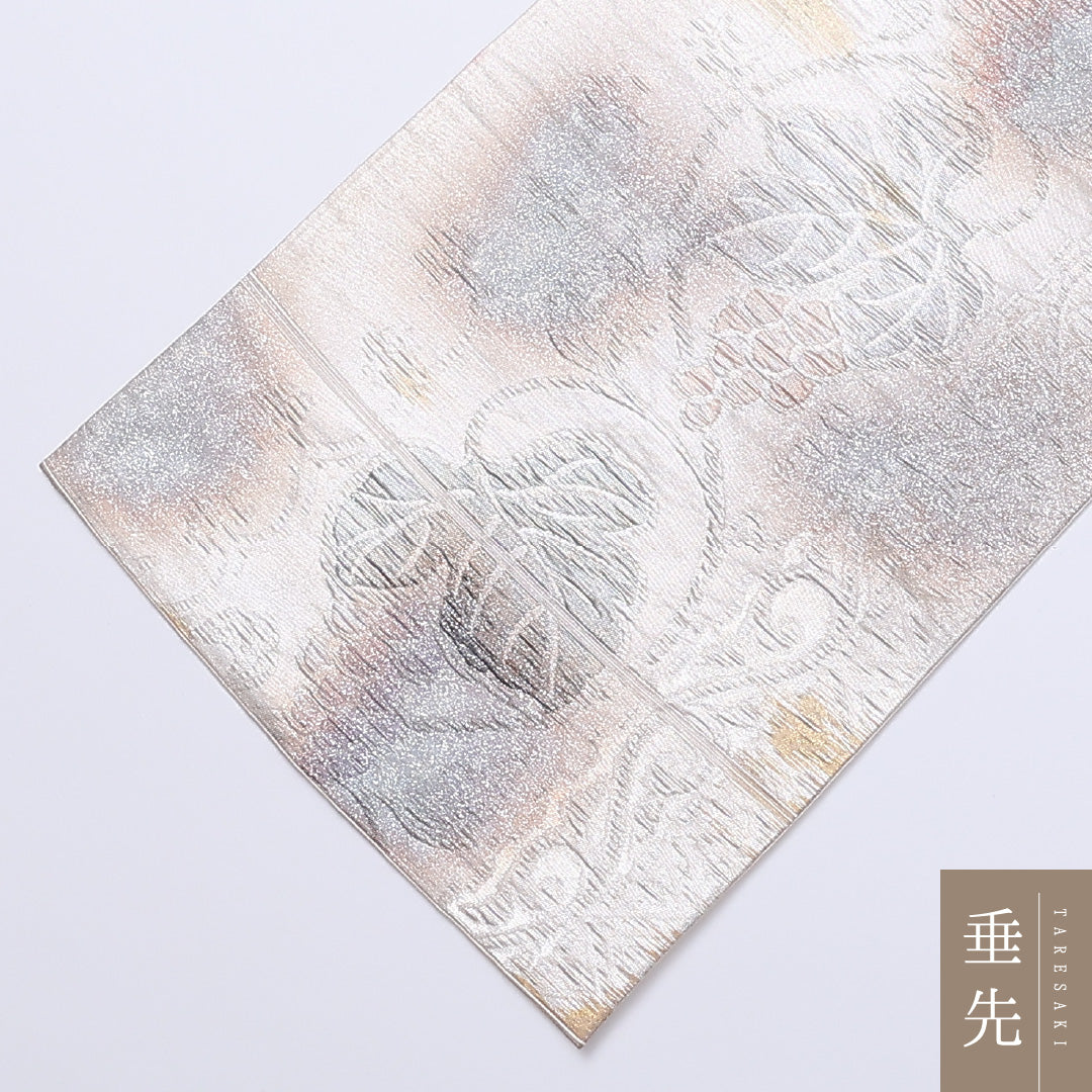 袋帯 帯丈428cm 六通 葡萄 ふくれ織 セミフォーマル 銀系 正絹 Aランク 1223-00979