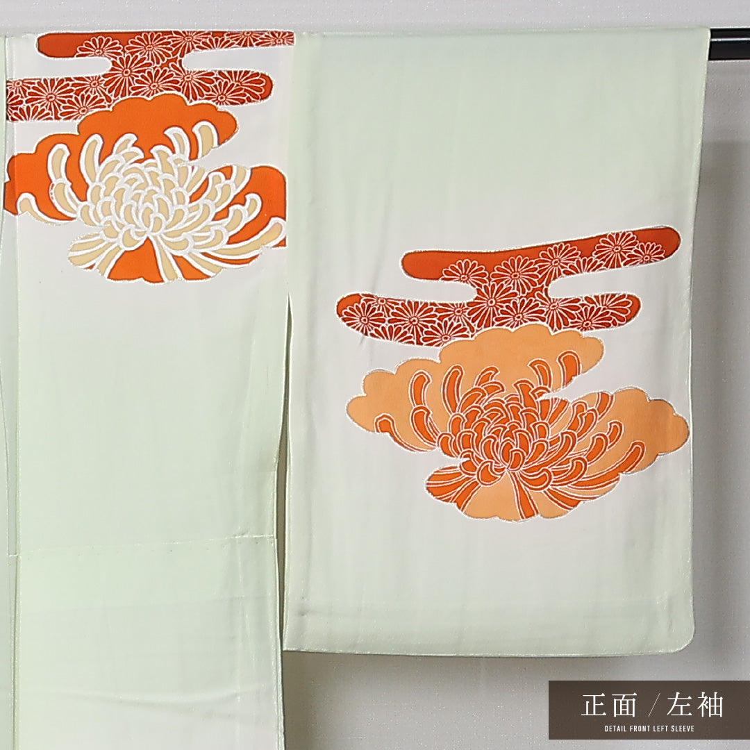 アンティーク 訪問着 身丈156cm 裄丈65cm Bランク M 正絹 単衣 広衿 金駒刺繍 エ霞 菊 緑系 1212-12323
