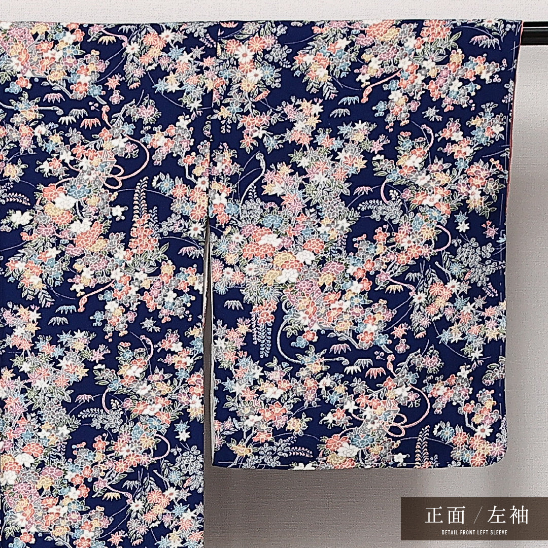 洗える着物 小紋 袷 身丈163cm 裄丈64cm ポリエステル Sランク インフォーマル 広衿 Lサイズ 花柄 紺系 RP 1221-14172
