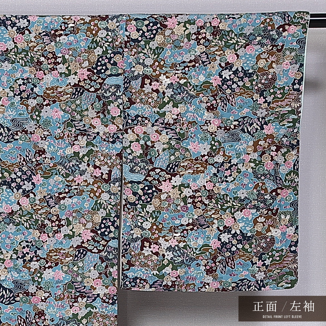 小紋 袷 身丈158cm 裄丈64cm 正絹 Bランク インフォーマル バチ衿 Mサイズ 四季草花 緑系 HP 1221-11277