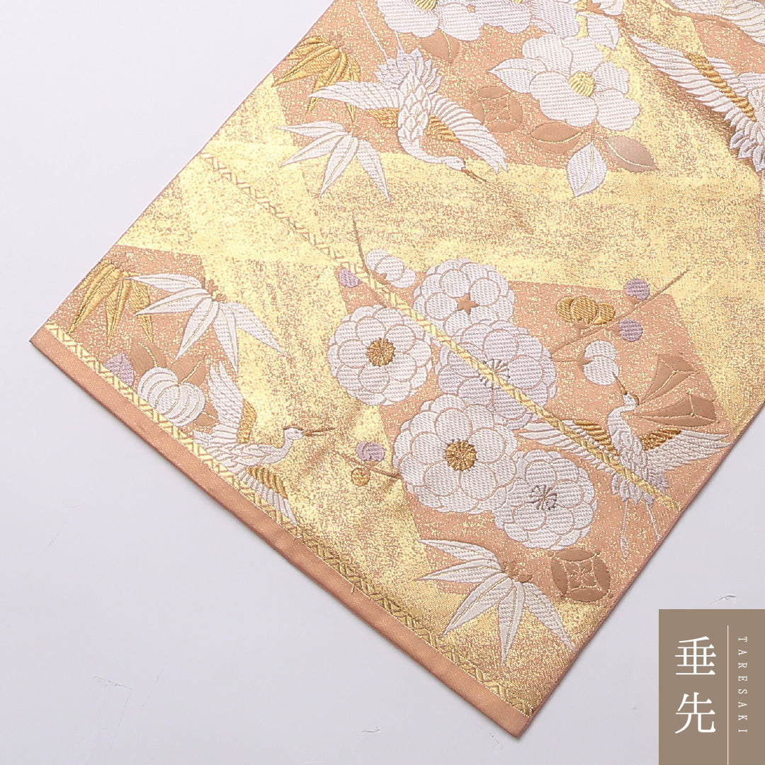 袋帯 帯丈444cm 正絹 六通 フォーマル 松鶴 四季草花 ピンク系 金系 1243-01605