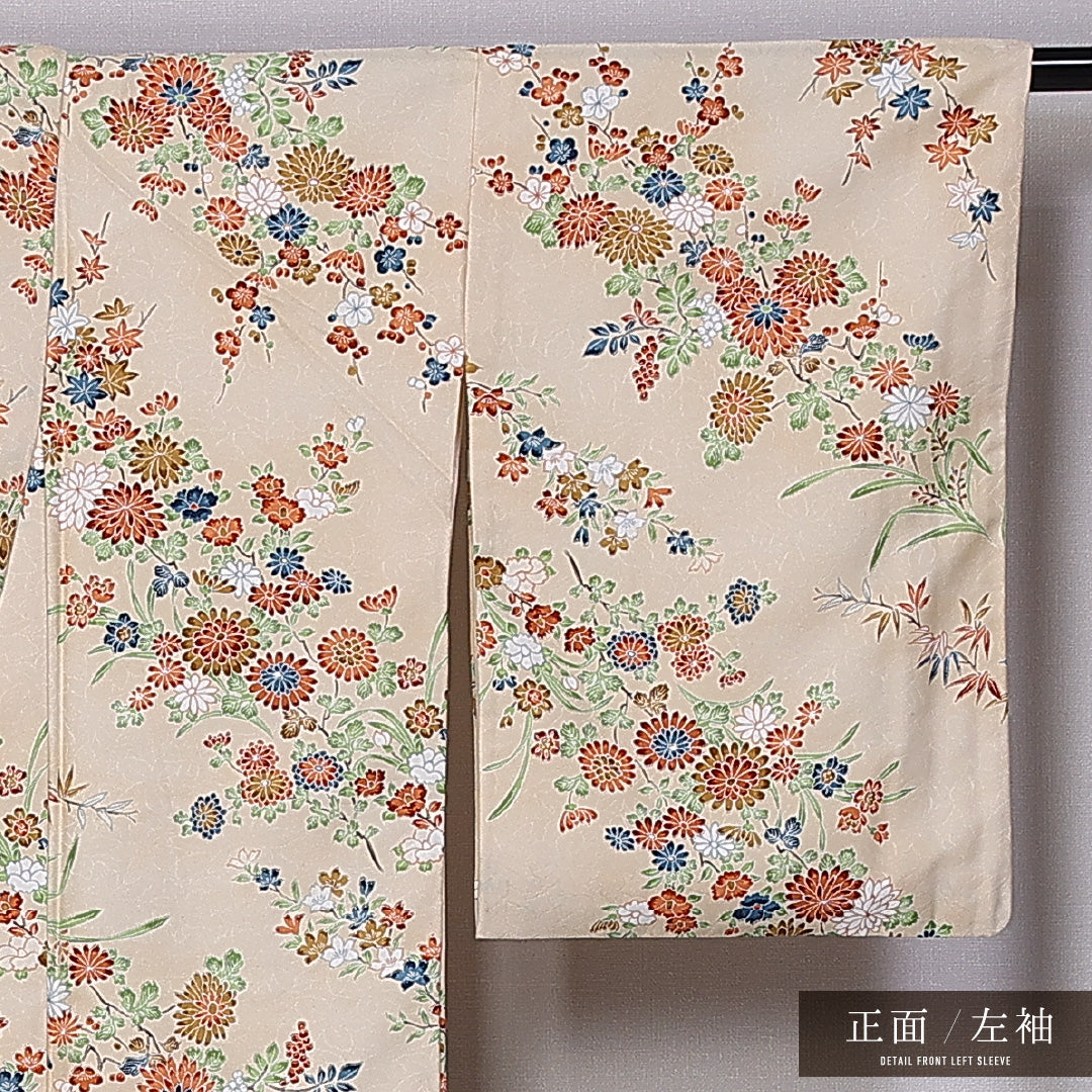 小紋 袷 身丈153cm 裄丈63cm 正絹 Aランク インフォーマル 広衿 Sサイズ 四季草花 クリーム系 RP 1221-11249