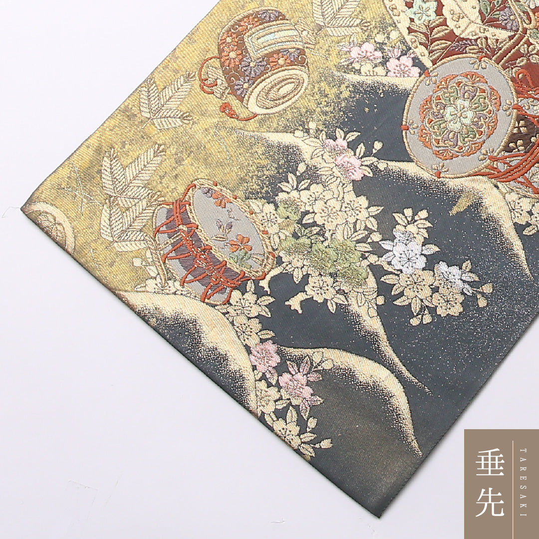 袋帯 帯丈428cm 六通 フォーマル Sランク 正絹 楽器 古典的 重厚感 緑系 1223-01494