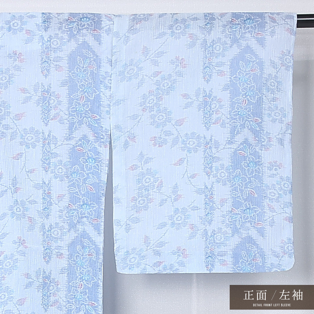 夏物 紬 身丈156cm 裄丈66cm Cランク M 麻 洗える着物 単衣 バチ衿 矢絣 椿 カジュアル 水色系 1216-12298