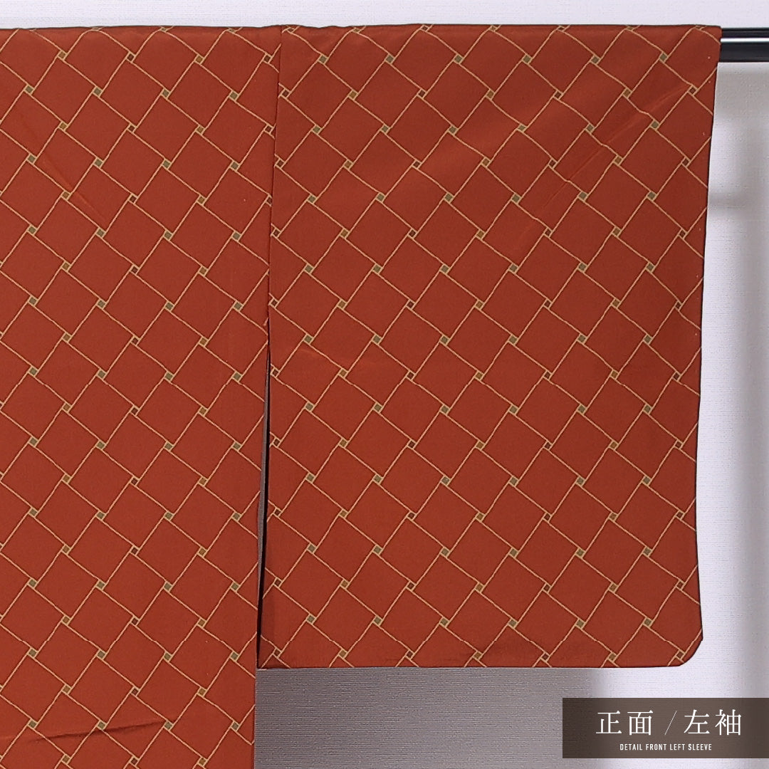 小紋 単衣 身丈160cm 裄丈65cm 正絹 Bランク インフォーマル 広衿 Lサイズ 菱 赤系 HP 1221-11758