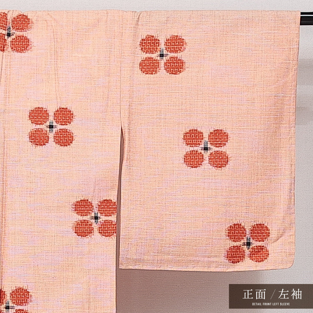 未使用品 真綿紬 単衣 身丈160cm 裄丈62cm 正絹 Sランク カジュアル バチ衿 Lサイズ 居敷当て 肩当て しつけ糸 朱系 RP 1223-14403