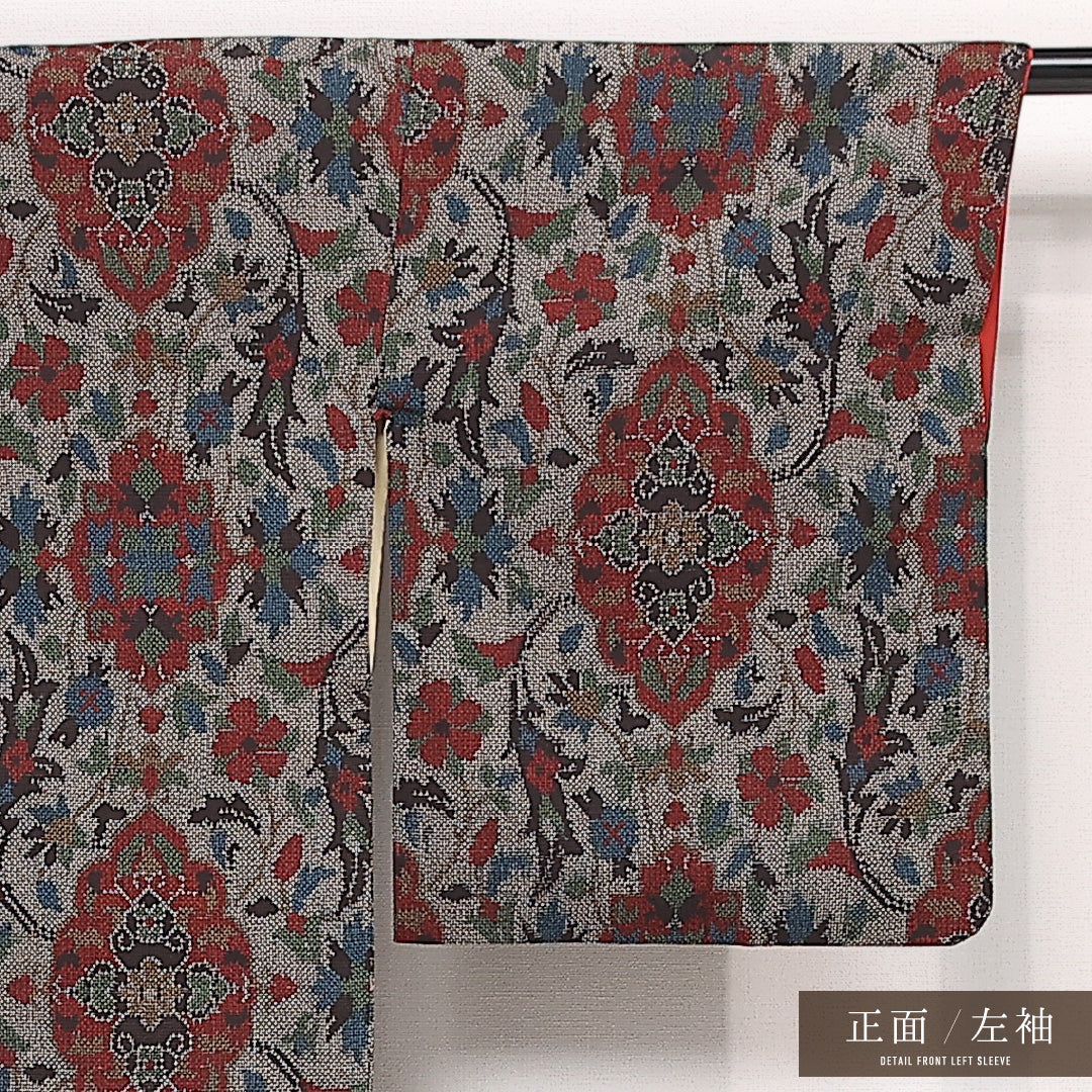 お召 袷 身丈156cm 裄丈64cm 正絹 Aランク インフォーマル バチ衿 Mサイズ 花柄 グレー系 HP 1222-13375