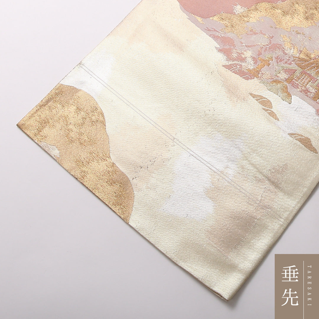名勝 寂光院 袋帯 帯丈400cm 六通 フォーマル Aランク 正絹 引箔 寂光院 写実的 存在感 金系 1223-01719