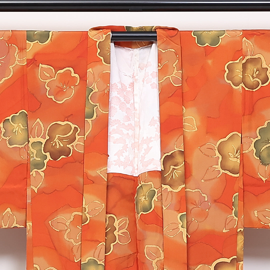 羽織 袷 身丈85cm 裄丈66cm 正絹 Sランク カジュアル Mサイズ ぼかし染 花柄 朱系 RP 1232-06147