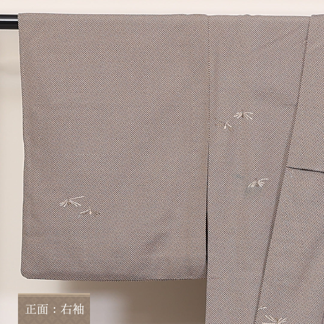 小紋 単衣 身丈152cm 裄63cm 正絹 肩当て 居敷当て 蜻蛉 ベージュ系 ちりめん Cランク 1215-02276