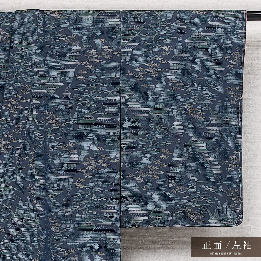 大島紬 袷 身丈149cm 裄丈63cm 正絹 Bランク インフォーマル 広衿 XSサイズ しつけ糸 楼閣 紺系 RP 1223-13661