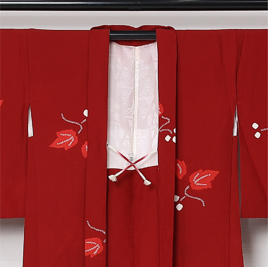 羽織 袷 身丈79cm 裄丈64cm 正絹 Aランク カジュアル Mサイズ 紐あり 植物柄 赤系 RP 1232-12824
