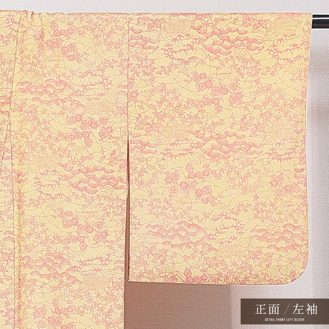 小紋 袷 身丈159cm 裄丈62cm 正絹 Cランク インフォーマル バチ衿 Mサイズ 古典柄 黄系 HP 1221-15738