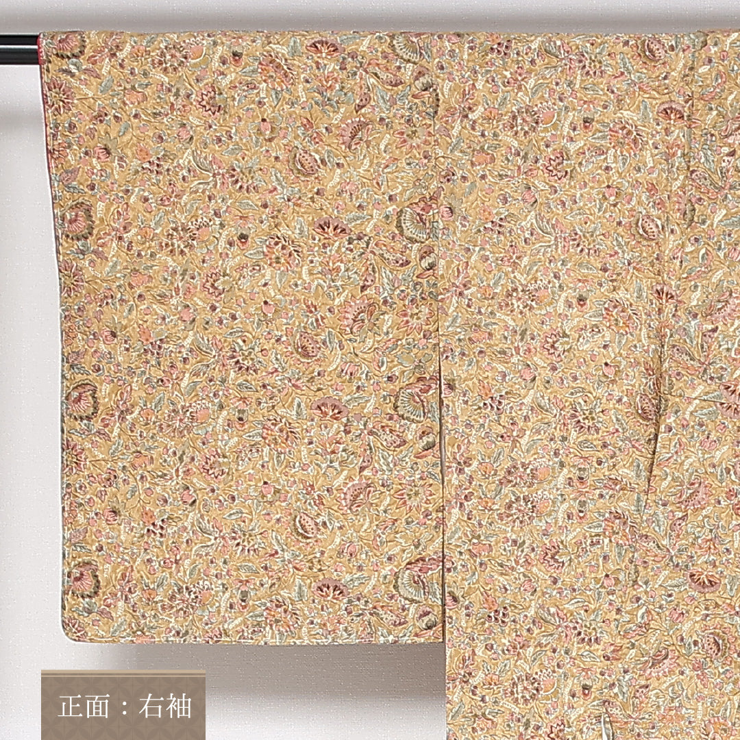 小紋 袷 身丈160cm 裄62.5cm 正絹 ちりめん 更紗 後染め 黄系 紬 Sランク しつけ糸 1215-02444