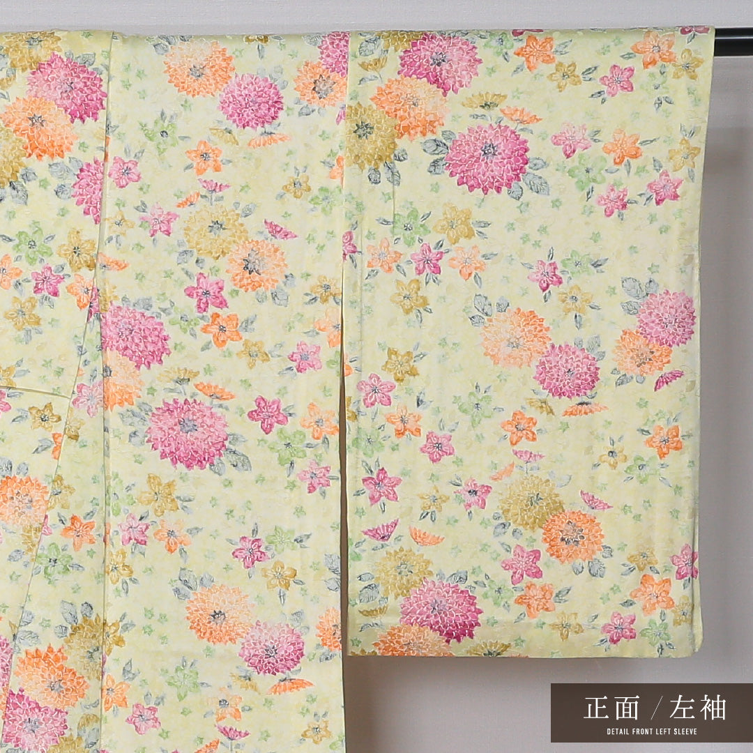 小紋 単衣 身丈156cm 裄丈63cm 正絹 Bランク インフォーマル 広衿 Mサイズ 花柄 黄系 HP 1221-12333