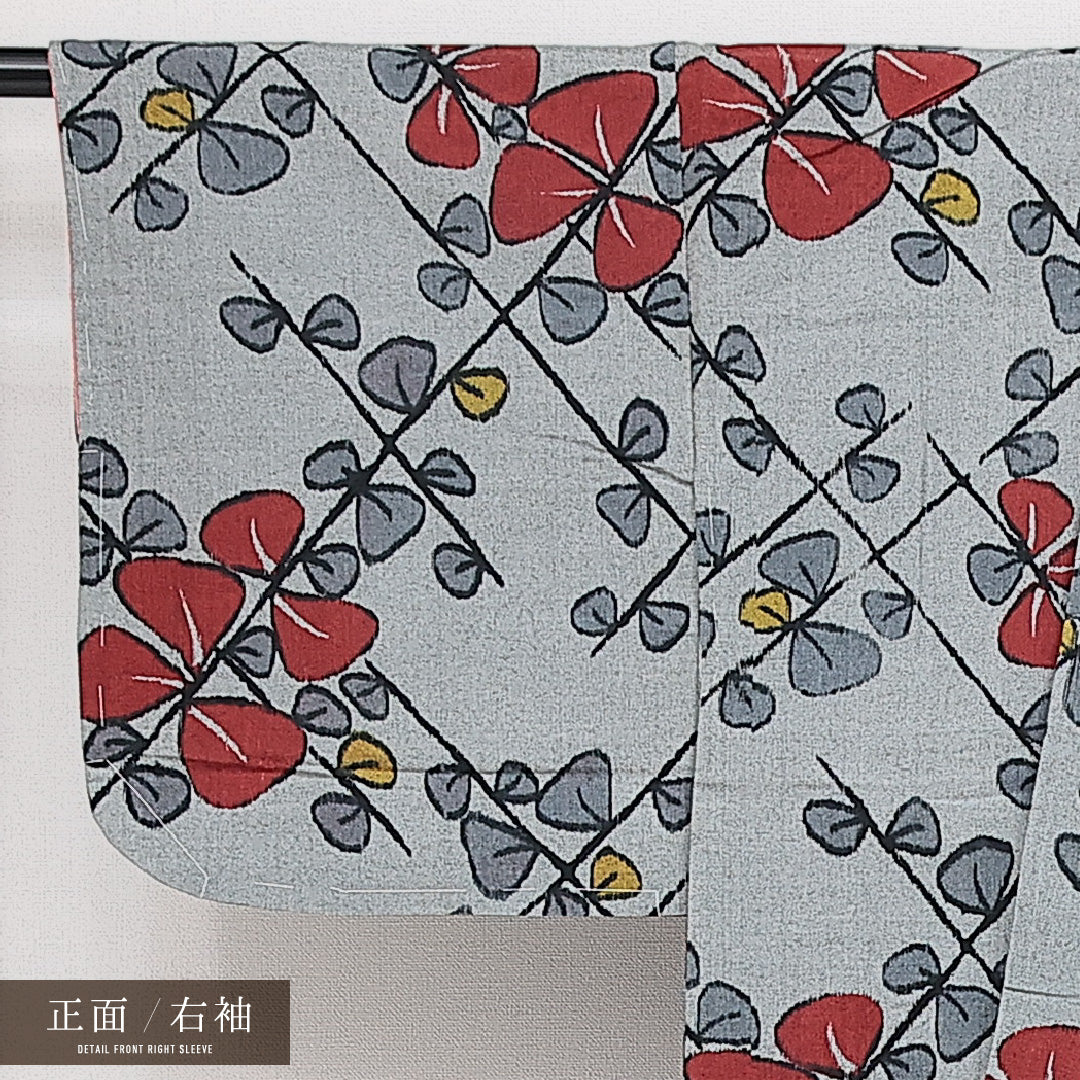 洗える着物 木綿の紬 袷 身丈146cm 裄丈62cm 木綿 Aランク カジュアル バチ衿 XSサイズ 花柄 グレー系 RP 1223-14538
