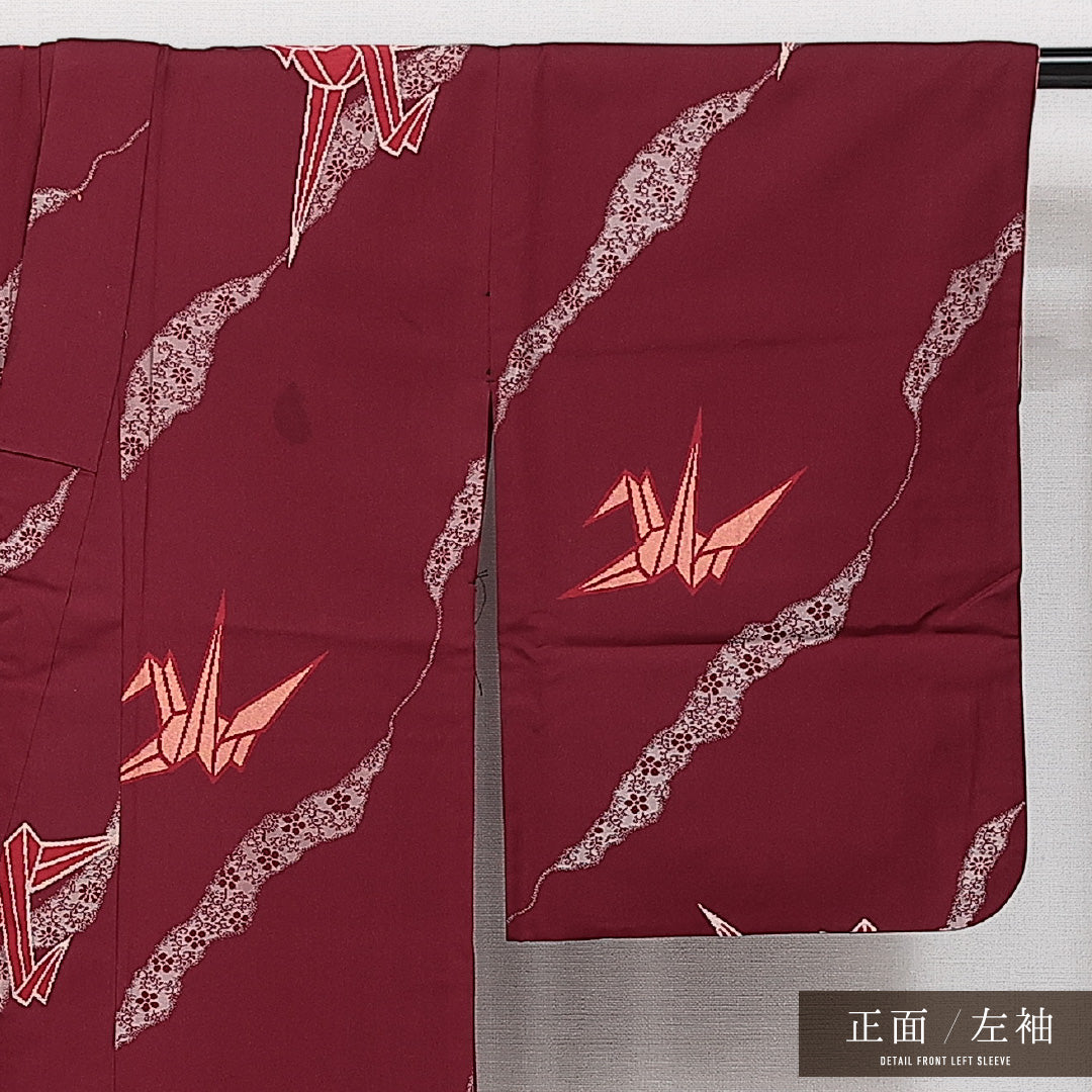 紬 袷 身丈148cm 裄丈63cm 正絹 Cランク カジュアル バチ衿 XSサイズ 折り鶴 青系 HP 1223-14569
