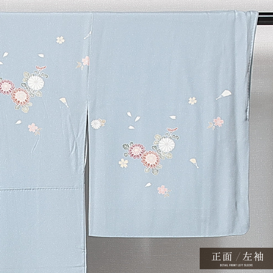 訪問着 袷 身丈144cm 裄丈59cm 正絹 Aランク セミフォーマル 広衿 XSサイズ 短冊 菊 水色系 RP 1217-14902