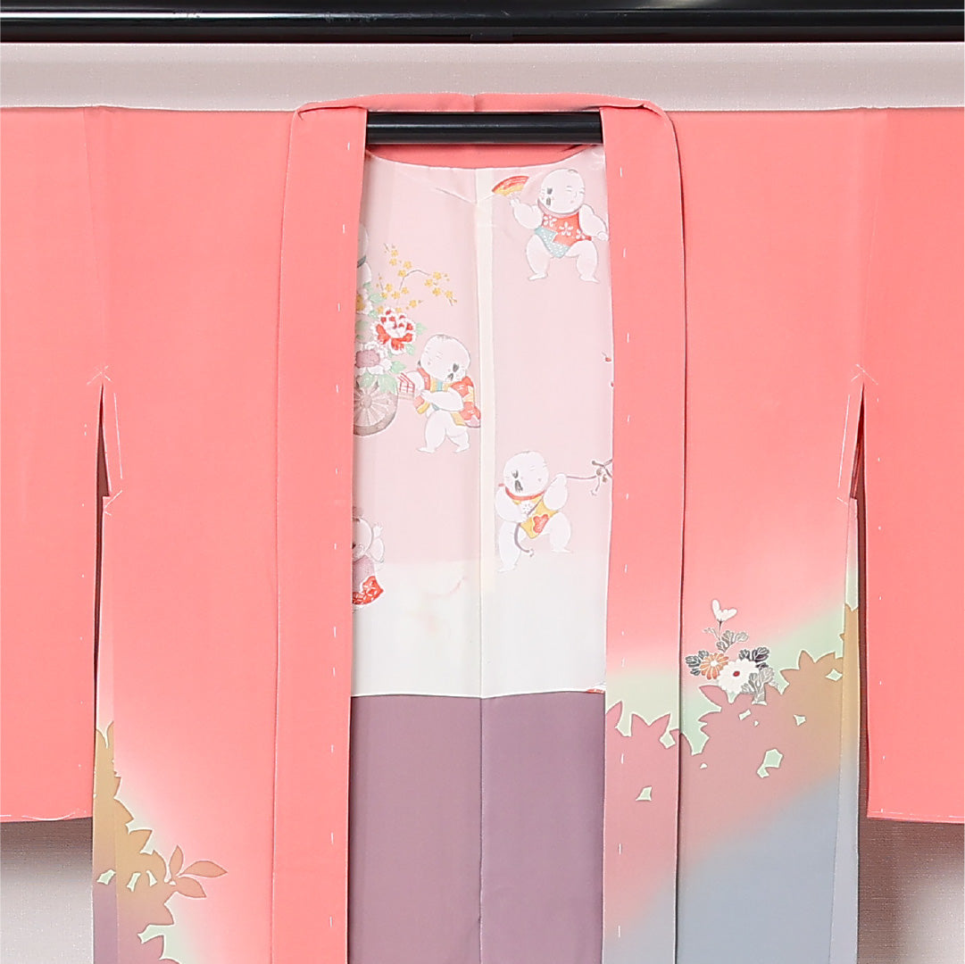 絵羽羽織 袷 身丈80cm 裄丈65cm 正絹 Sランク インフォーマル Mサイズ 椿 ピンク系 RP 1234-12809