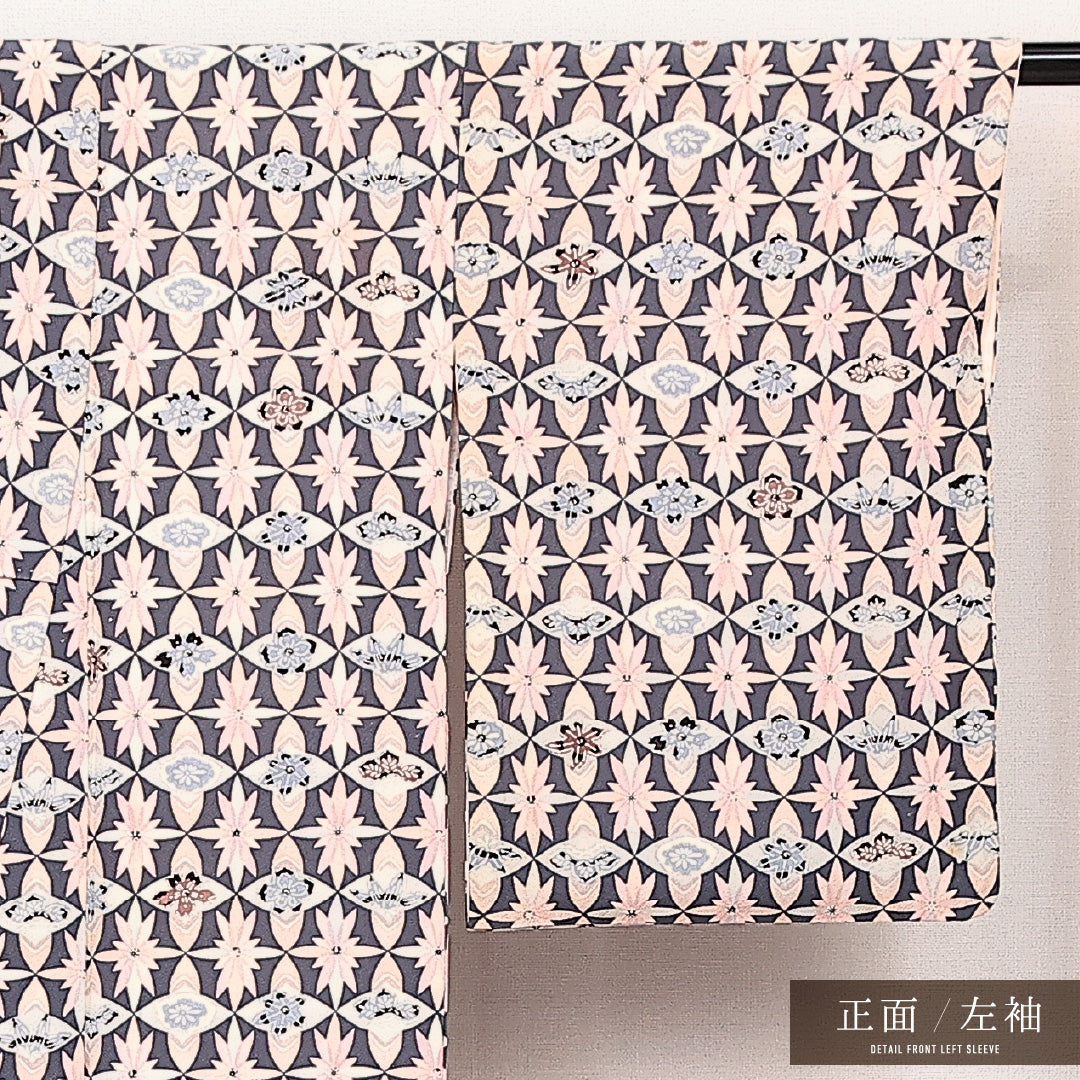 小紋 袷 身丈159cm 裄丈61cm 正絹 Sランク インフォーマル 広衿 Mサイズ 花柄 笹 グレー系 RP 1221-14091