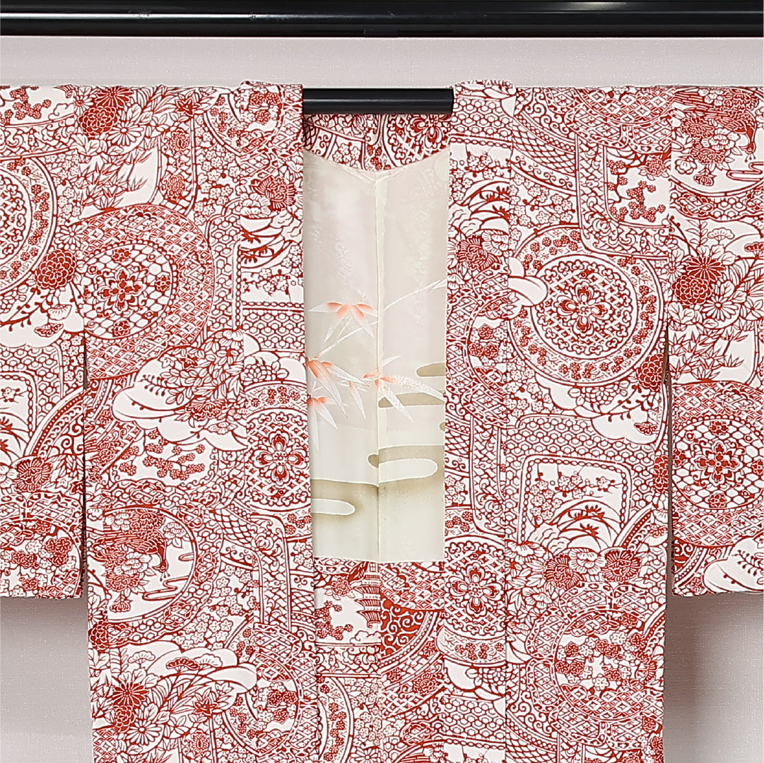 羽織 袷 身丈87cm 裄丈66cm 正絹 Sランク カジュアル Mサイズ 吉祥文様 赤系 RP 1232-12569