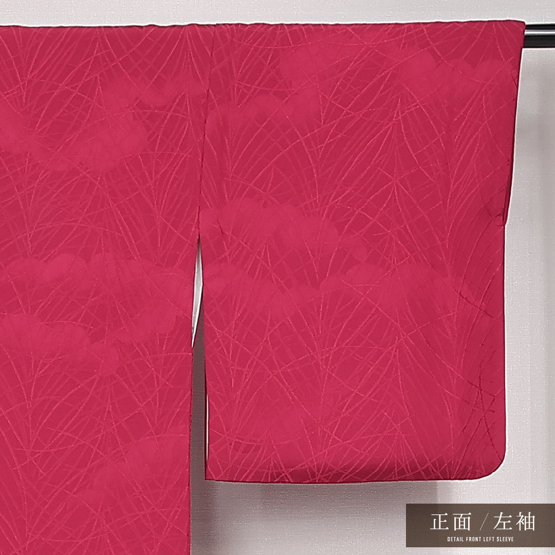 色無地 袷 身丈162cm 裄丈65cm Sランク 正絹 広衿 Lサイズ 一つ紋（五三桐） セミフォーマル 紋意匠 ススキ 雲取り ピンク系 紫系 上品 鮮やか 1214-13157