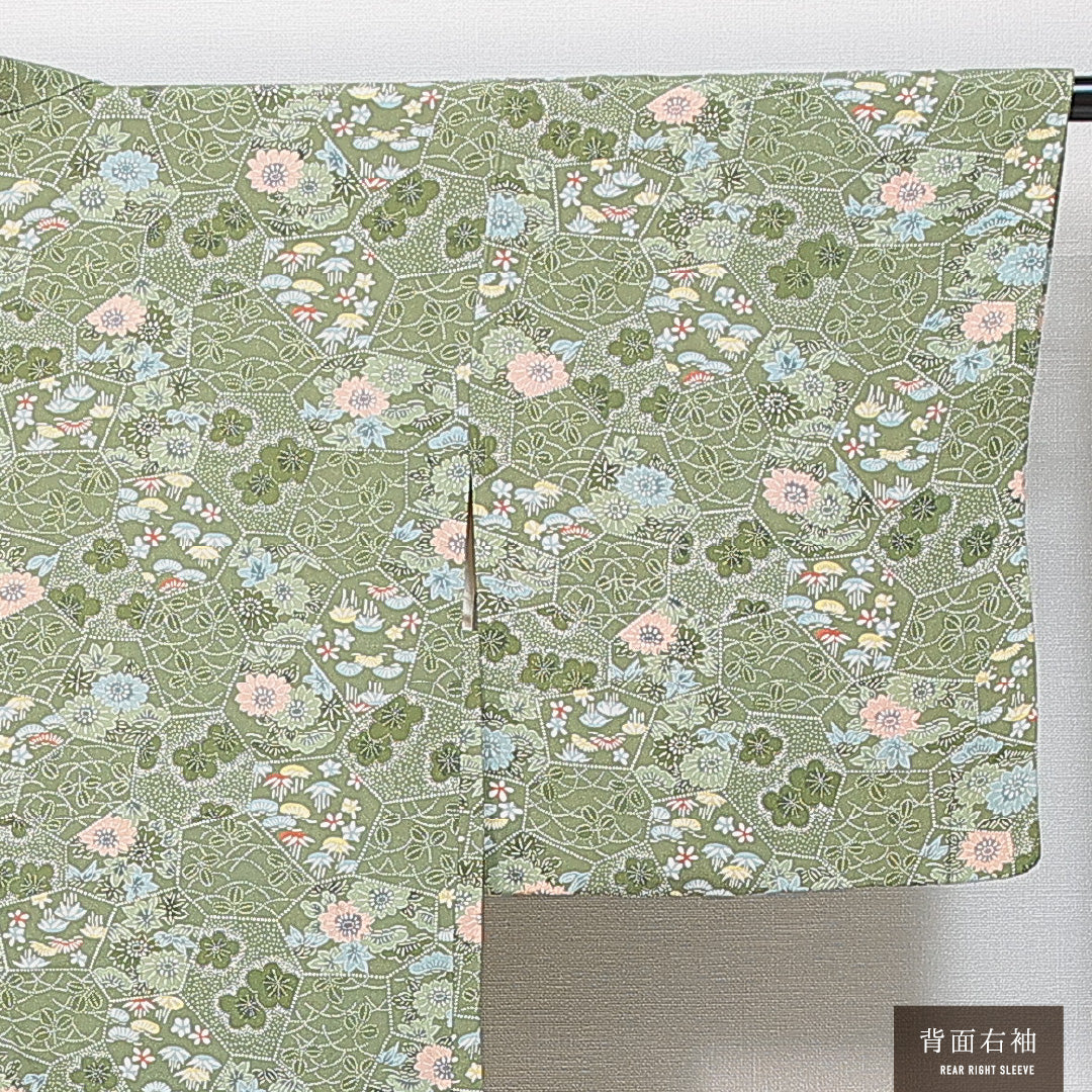 羽織 袷 身丈81cm 裄丈63cm 正絹 Sランク カジュアル Sサイズ 紐あり 松竹梅 緑系 RP 1232-14840