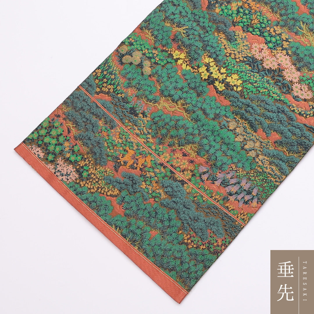 袋帯 帯丈432cm 全通 紹巴織 萬葉織苑 山喜織物 風景 カジュアル 緑系 正絹 Sランク 1223-00890