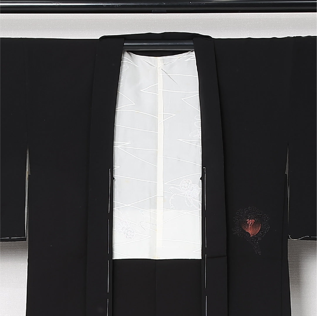 黒羽織 袷 身丈80cm 裄丈64cm 正絹 Cランク インフォーマル Mサイズ 刺繍 鹿 黒系 HP 1233-12924