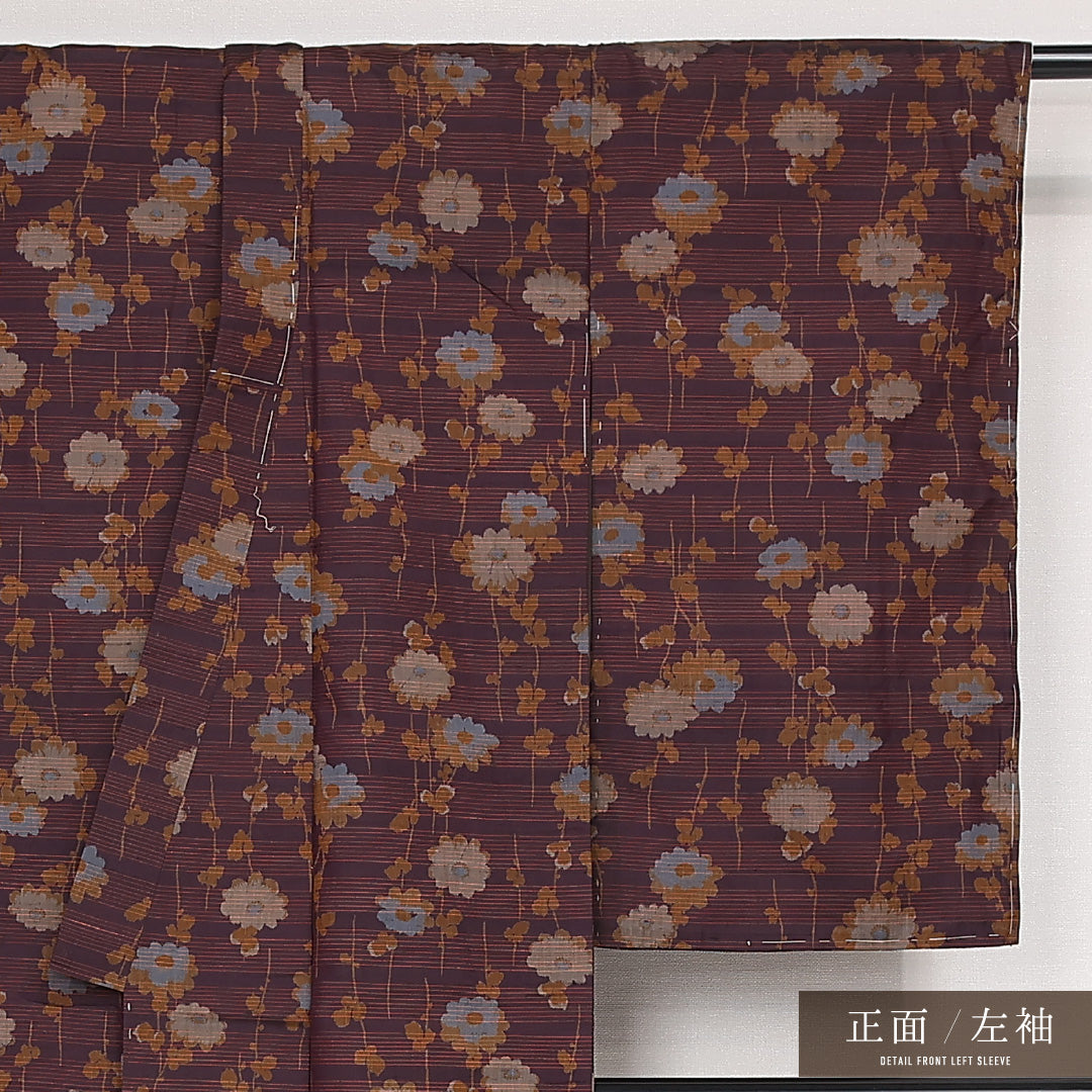 アンティーク 紬 袷 身丈140cm 裄丈62cm 正絹 Aランク バチ衿 XSサイズ 縞 花柄 紫系 RP 1223-13219