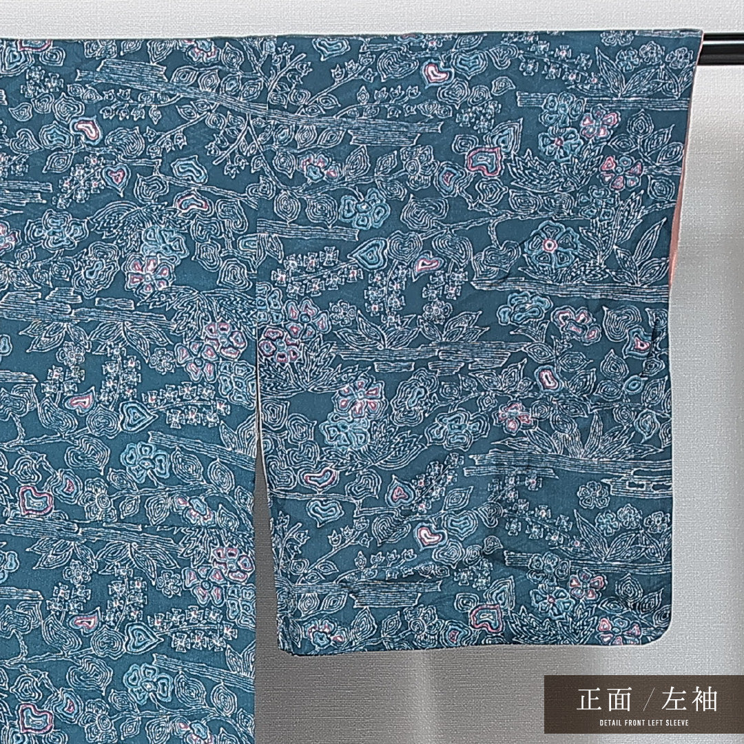 アンティーク 小紋 袷 身丈149cm 裄丈64cm 正絹 Aランク 広衿 XSサイズ 植物柄 青系 RP 1221-14794